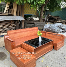 Sofa Gỗ Đinh Hương Góc L Lưng Chạy Chỉ Kết Hợp Bàn Bom, Hiện Đại 