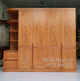 Tủ Quần Áo Gỗ Gõ Đỏ 4 Cánh Kèm Góc Trang Trí Vế Trái Hiện Đại 
