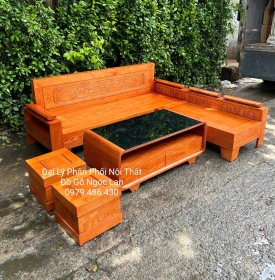 Bộ Sofa Gỗ Sồi Nga Góc L Tựa Cảnh Bàn Bom Lau Màu 2m x 1m8
