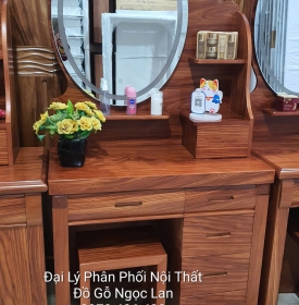 Bàn Trang Điểm Gỗ Cẩm Vân 80CM Gương Hộp Đèn Les Nhiều Ngăn Kéo, Tiện Lợi