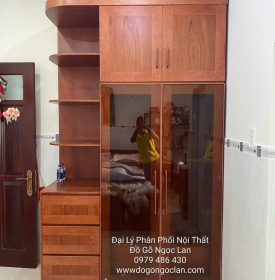 Tủ Quần Áo 2 Cánh Kèm Góc Trang Trí Gỗ Hương Đá Cao 2 Tầng Kết Hợp Cánh Kính Hàng Đặt 