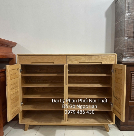 Tủ Giày Dép Gỗ Sồi Nga 4 Cánh Màu Tự Nhiên Chân Cao Hiện Đại 