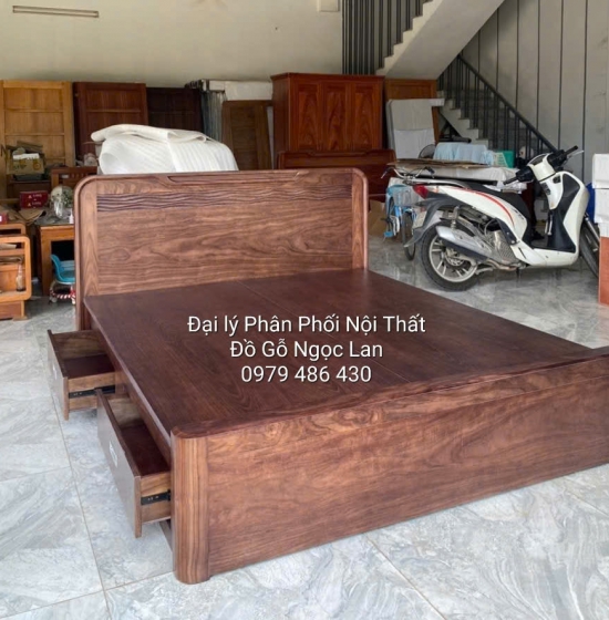 Giường Ngủ Gỗ Óc Chó 2 Ngăn Kéo Đầu Trạm Sóng Hiện Đại, Sang Trọng