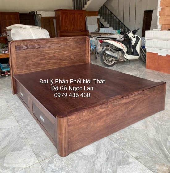 Giường Ngủ Gỗ Óc Chó 2 Ngăn Kéo Đầu Trạm Sóng Hiện Đại, Sang Trọng