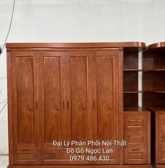 Tủ Áo 4 Cánh Gỗ Hương Đá Kèm Góc Trang Trí Bo Tròn - Hiện Đại