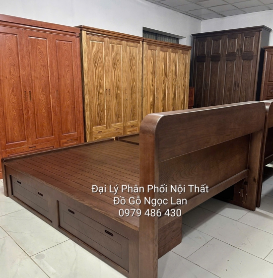 Giường Ngủ Gỗ Sồi Màu Óc Chó 2 Ngăn Kéo Có Kệ Đầu Giường Sang Trọng - Hiện Đại