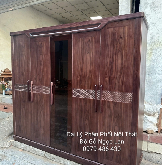 Tủ Áo 5 Cánh Mẫu Cánh Thuyền Kết Hợp Cánh Kính Gỗ Óc Chó Cao Cấp