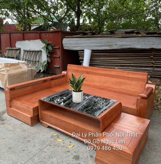 Sofa Gỗ Đinh Hương Góc L Lưng Chạy Chỉ Kết Hợp Bàn Bom, Hiện Đại 