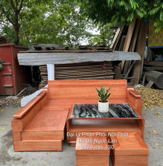 Sofa Gỗ Đinh Hương Góc L Lưng Chạy Chỉ Kết Hợp Bàn Bom, Hiện Đại 