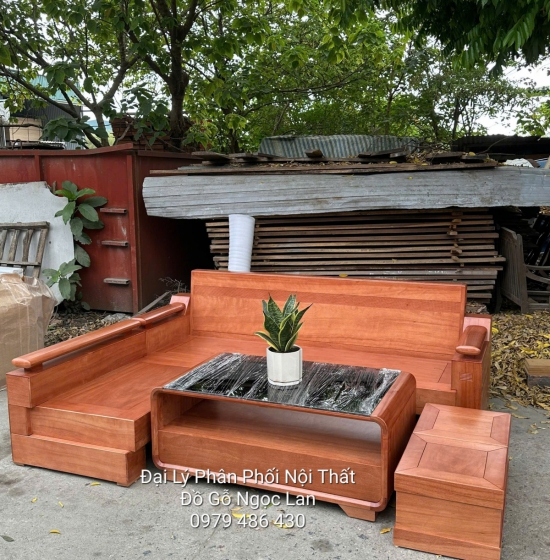 Sofa Gỗ Đinh Hương Góc L Lưng Chạy Chỉ Kết Hợp Bàn Bom, Hiện Đại 