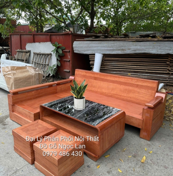 Sofa Gỗ Đinh Hương Góc L Lưng Chạy Chỉ Kết Hợp Bàn Bom, Hiện Đại 