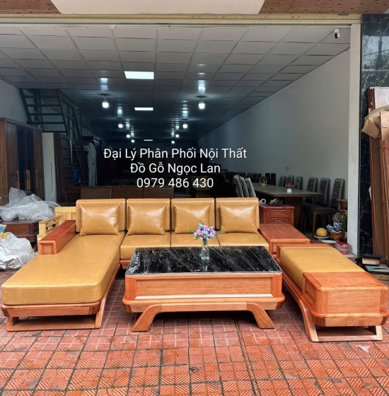 Sofa Gỗ Đinh Hương Góc L Chân Thuyền 2m9x1m8 Kèm Nệm Cao Su 