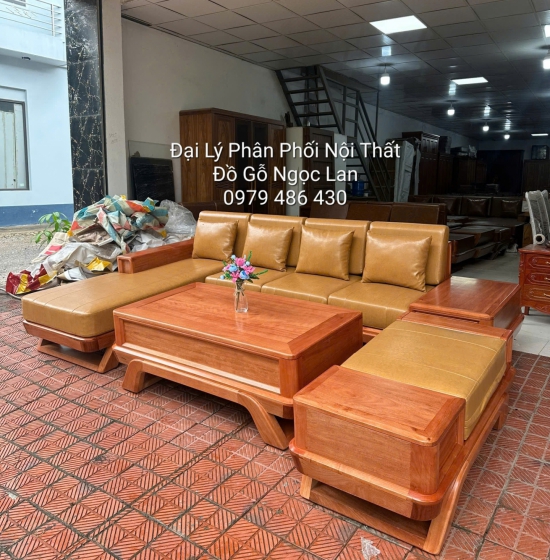 Sofa Gỗ Đinh Hương Góc L Chân Thuyền 2m9x1m8 Kèm Nệm Cao Su 