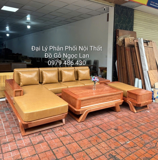 Sofa Gỗ Đinh Hương Góc L Chân Thuyền 2m9x1m8 Kèm Nệm Cao Su 