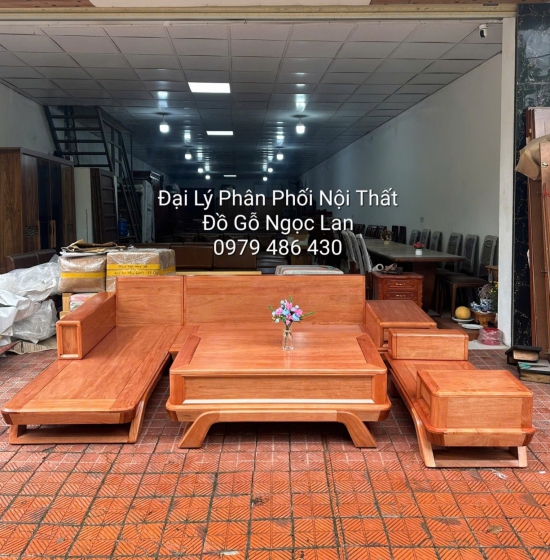Sofa Gỗ Đinh Hương Góc L Chân Thuyền 2m9x1m8 Kèm Nệm Cao Su 