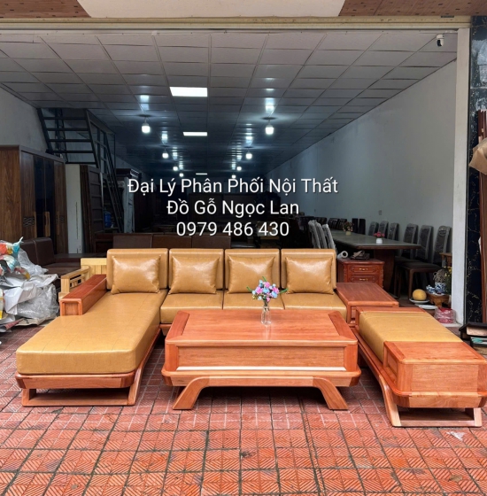 Sofa Gỗ Đinh Hương Góc L Chân Thuyền 2m9x1m8 Kèm Nệm Cao Su 