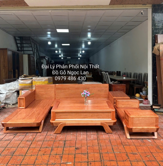 Sofa Gỗ Đinh Hương Góc L Chân Thuyền 2m9x1m8 Kèm Nệm Cao Su 