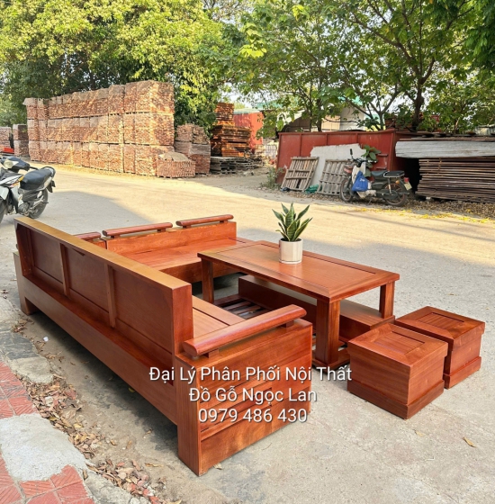 Ghế Sofa Gỗ Xoan Đào Góc L tay trứng, Hiện Đại 2m4x2m