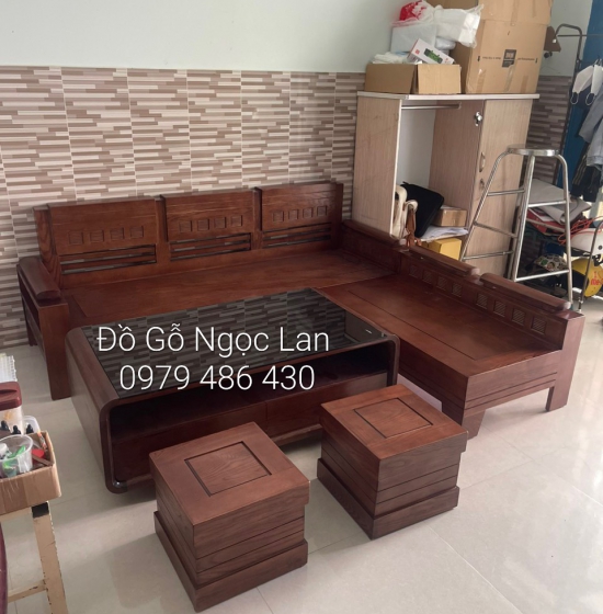 Bộ ghế sofa gỗ sồi nga lau màu óc chó 2m x 1m8 - tay trứng 