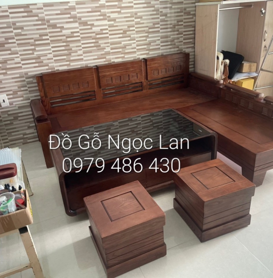 Bộ ghế sofa gỗ sồi nga lau màu óc chó 2m x 1m8 - tay trứng 