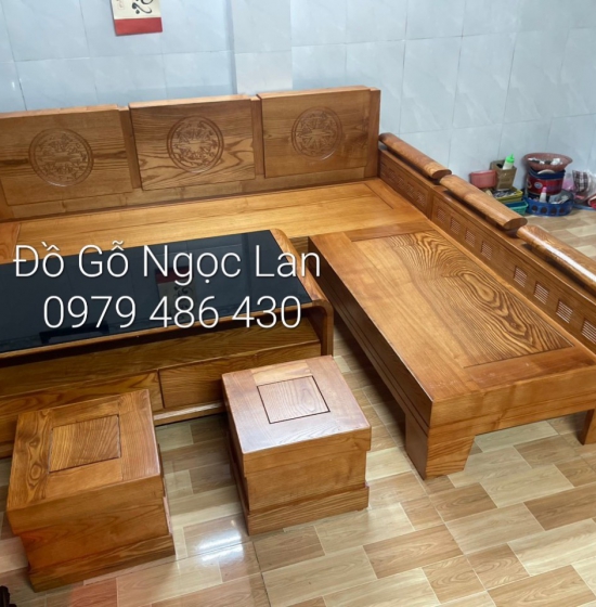 Bộ bàn ghế sofa góc L  màu óc chó gỗ sồi nga 2m x1m8 