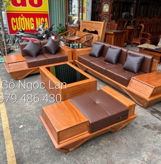 Bộ bàn ghế sofa gỗ hương vàng cao cấp - mẫu 2 văng thuyền kèm nệm 