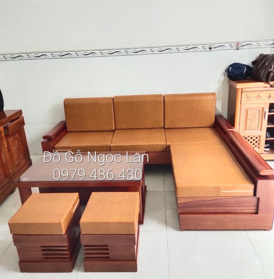 Bộ sofa gỗ gõ đỏ 2m1 x 1m65 -  tay trứng hiện đại 