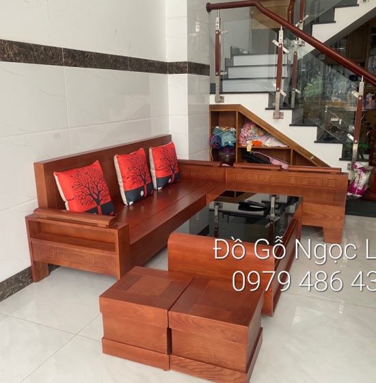 Bàn ghế sofa  góc L gỗ xoan đào 2m1 x 1m6 bàn bom hiện đại 