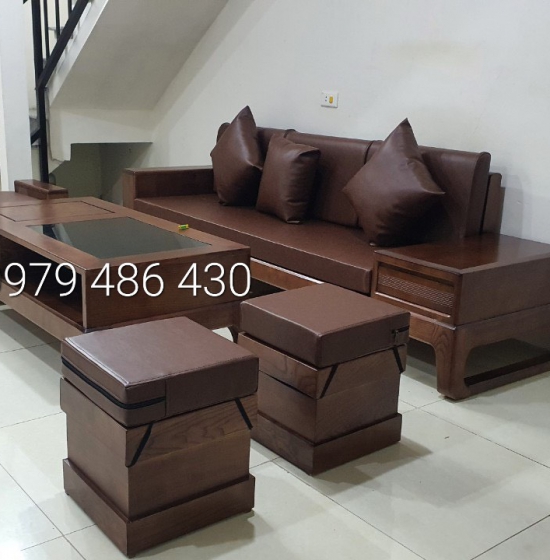 Bàn ghế sofa văng gỗ sồi nga màu óc chó hiện đại - 2m4 kèm nệm 