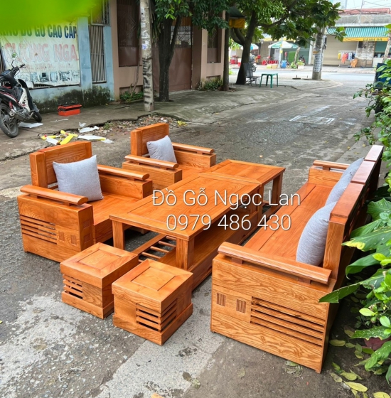 Bộ bàn ghế sofa gỗ sồi nga - đối trứng 7 món màu xoan 