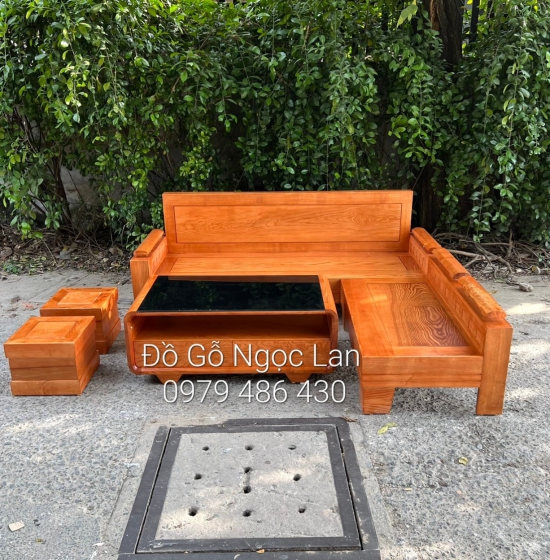 Bộ bàn ghế sofa góc L gỗ sồi nga 2mx1m8 lau màu gõ  - tay trứng 