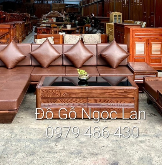 Bộ bàn ghế sofa gỗ sồi nga lau màu óc chó  2 văng thuyền  kèm nệm - hiện đại 