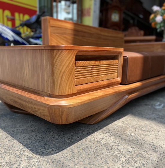 Bộ bàn ghế sofa gỗ hương vàng  - mẫu 2 văng thuyền kèm nệm cao cấp - sang trọng 