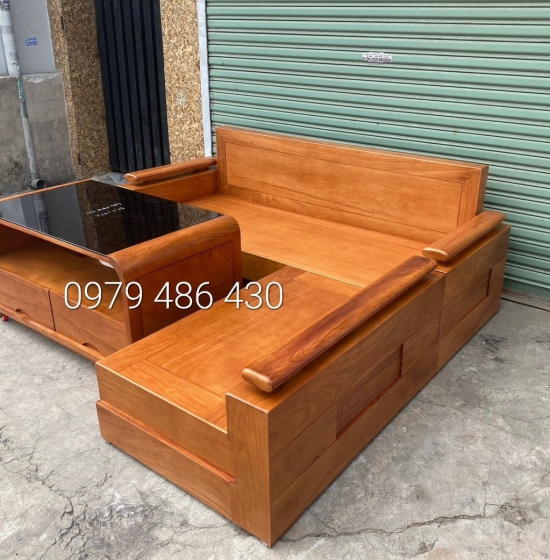 Ghế sofa Góc L Gỗ Sồi Nga Lau Màu Gõ Đỏ 2m x 1m8 - Bàn Hiện Đại 