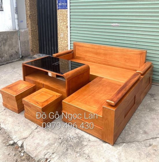Ghế sofa Góc L Gỗ Sồi Nga Lau Màu Gõ Đỏ 2m x 1m8 - Bàn Hiện Đại 