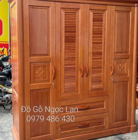 Tủ quần áo 4 cánh gỗ xoan đào cao cấp - mẫu hoa thị 