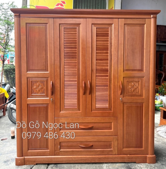 Tủ quần áo 4 cánh gỗ xoan đào cao cấp - mẫu hoa thị 