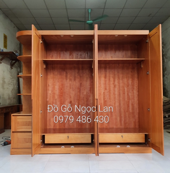 Tủ Quần Áo Gỗ Gõ Đỏ 4 Cánh Kèm Góc Trang Trí Vế Trái Hiện Đại 