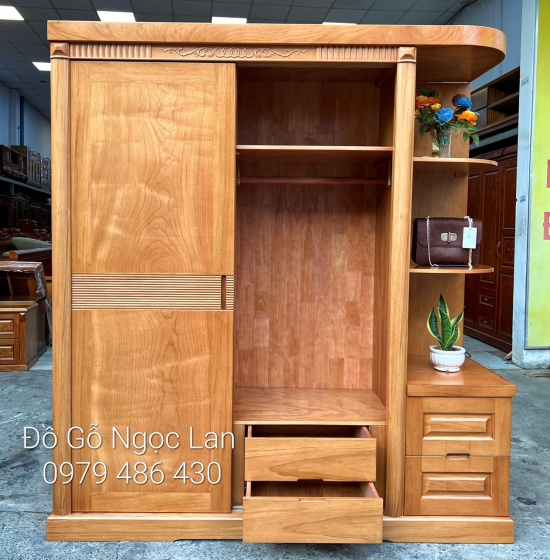 Tủ Quần Áo Gỗ Gõ Đỏ Cửa Lùa Góc Trang Trí 1m9 - Vế Phải 