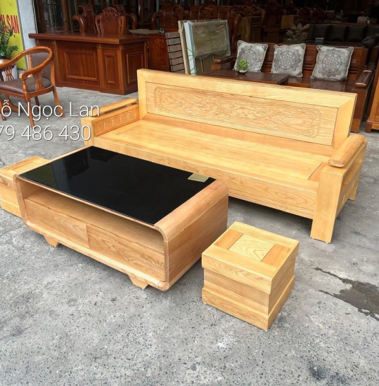 BỘ BÀN GHẾ SOFA GỖ SỒI NGA 2M - BÀN CONG - TAY TRỨNG 