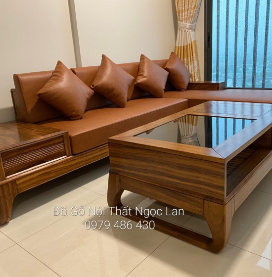 Bàn Ghế Sofa Góc L Gỗ Hương Xám 2m8 x 1m8 Chân Choãi Nệm Hiện Đại 