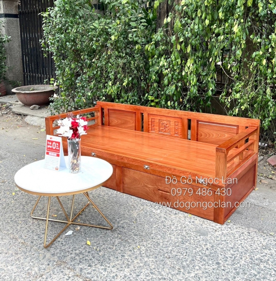 Ghế Gấp Thành Giường 2 Ngăn Kéo Gỗ Xoan Đào Kèm Bàn Trà Mặt Đá - Hiện Đại