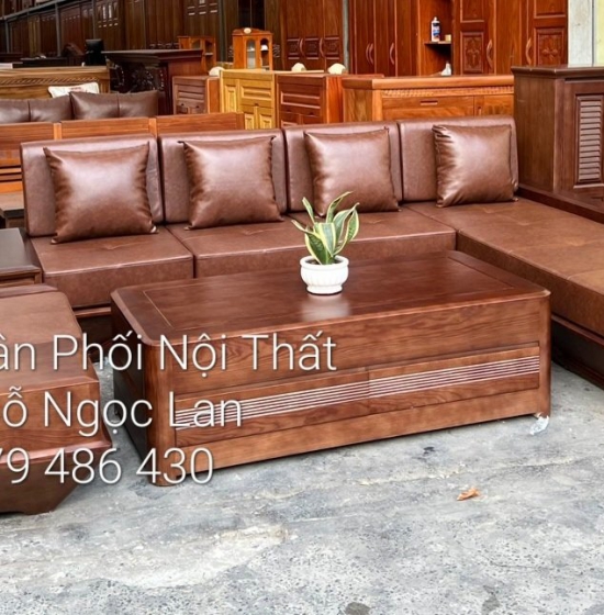 Bàn Ghế Sofa Góc L Gỗ Sồi Nga Chân Thuyền Hiện Đại 2m8x1m8