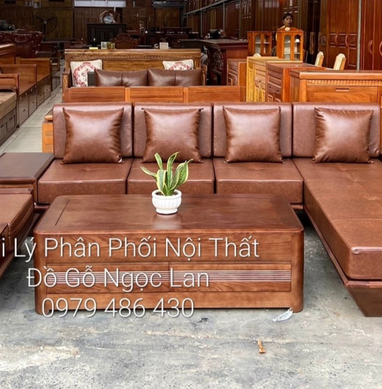 Bàn Ghế Sofa Góc L Gỗ Sồi Nga Chân Thuyền Hiện Đại 2m8x1m8