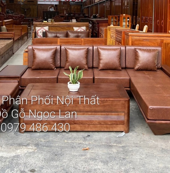 Bàn Ghế Sofa Góc L Gỗ Sồi Nga Chân Thuyền Hiện Đại 2m8x1m8