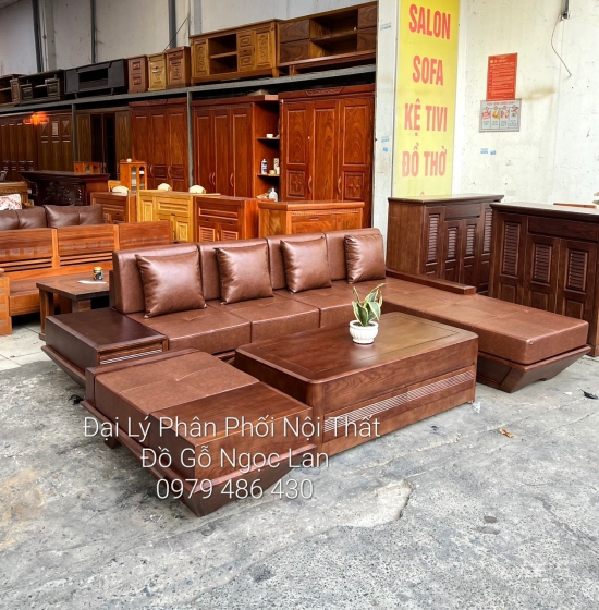 Bàn Ghế Sofa Góc L Gỗ Sồi Nga Chân Thuyền Hiện Đại 2m8x1m8