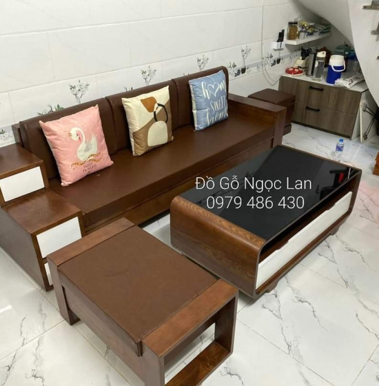 Bàn Ghế Sofa Văng Gỗ Sồi Nga 2m3 Màu Óc Chó - Nệm Da 