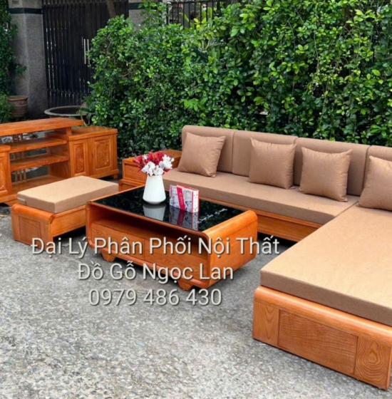 GHẾ SOFA GỖ SỒI NGA GÓC L CHÂN CUỐN MÀU GÕ ĐỎ 2M8 X 1M8