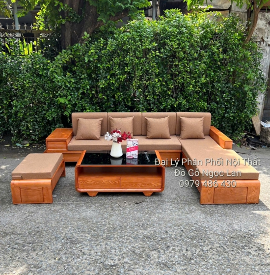 GHẾ SOFA GỖ SỒI NGA GÓC L CHÂN CUỐN MÀU GÕ ĐỎ 2M8 X 1M8