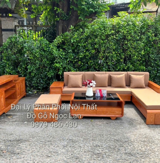 GHẾ SOFA GỖ SỒI NGA GÓC L CHÂN CUỐN MÀU GÕ ĐỎ 2M8 X 1M8